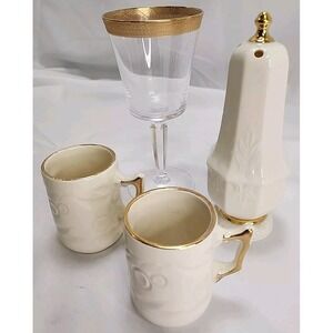 VTG LENOX Embossed Sugar Shaker + Tiffin Wine Glass Gold & Tea Cups Cream Color!